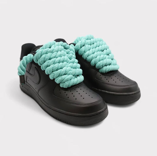 Nike Air Force 1 Black - Rope Lace light blue